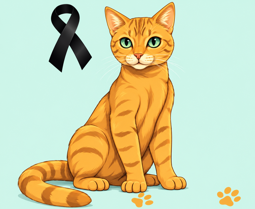 Ilustração de um gato laranja sentado, com um laço preto ao lado